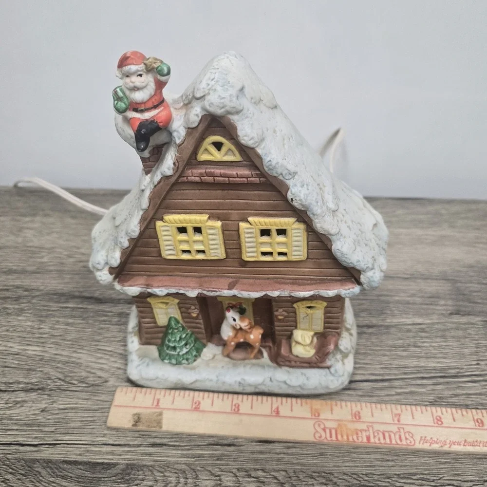 Vtg Christmas House Light Up Santa Reindeer Snow Village Plug In TESTED‎ & WORKS